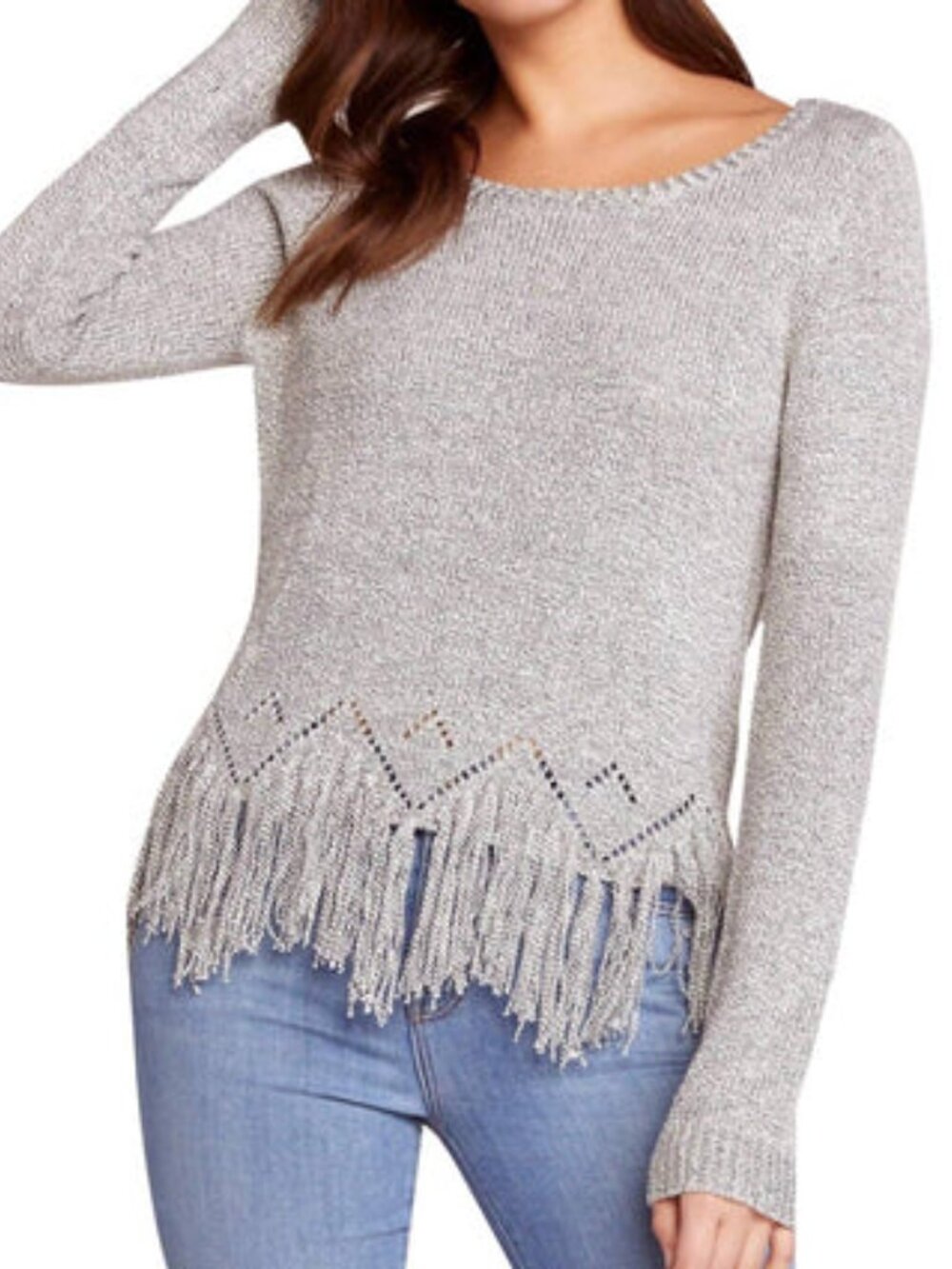 BB Dakota hang loose marled yarn fringe sweater in gray  xs